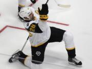 Pacific Division forward John Scott (28) celebrates after scoring a goal during an NHL hockey All-Star semifinal round game against the Central Division team Sunday, Jan. 31, 2016, in Nashville, Tenn.