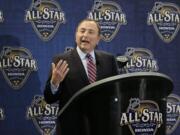 NHL commissioner Gary Bettman answers a question during a news conference before the NHL All-Star hockey game skills competition, Saturday, Jan. 30, 2016, in Nashville, Tenn.