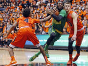 Oregon's Dwanye Benjamin, center, drives between Oregon State's Derrick Bruce, left, and Tres Tinkle, right, in the first half of an NCAA college basketball game in Corvallis, Ore., Sunday, Jan. 3, 2016. (AP Photo/Timothy J.