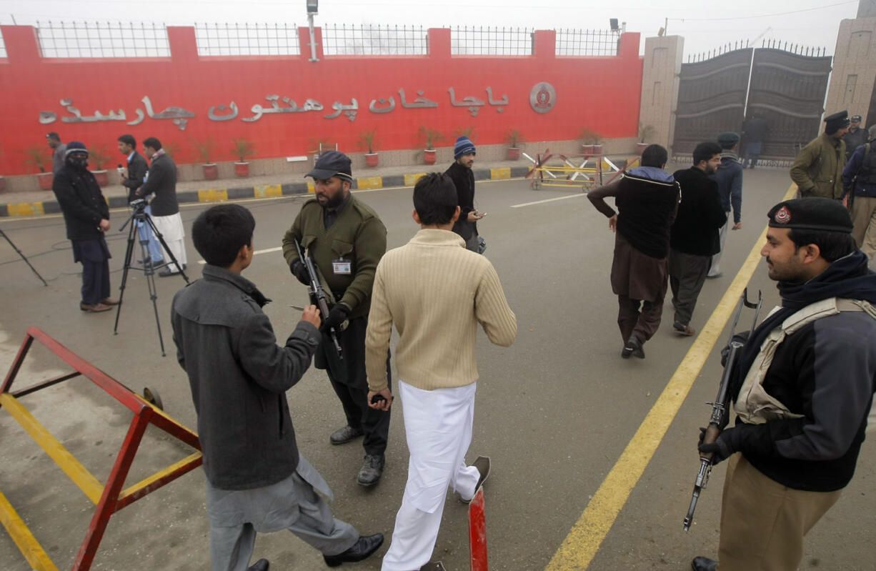 Security is beefed up at the Bacha Khan University in Charsadda, Pakistan, on Monday. Officials say the northwestern Pakistani university where Islamic militants gunned down 21 students and teachers last week has reopened for classes amid tight security.