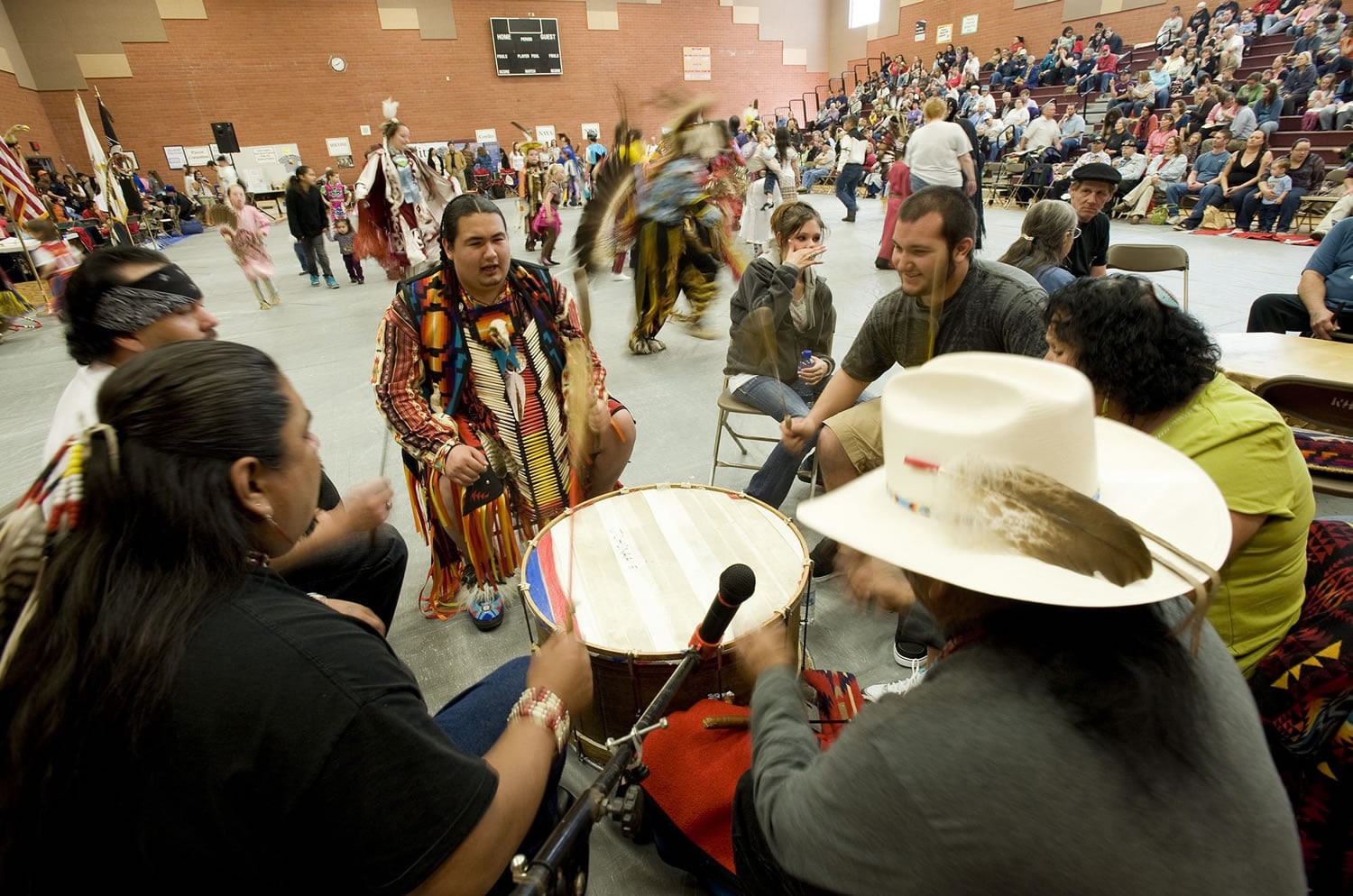 The Native American Indian Education Program Title VII traditional powwow at Covington Middle School on Saturday features such groups as the Johonaaie drum group, from Klagetoh, Ariz.