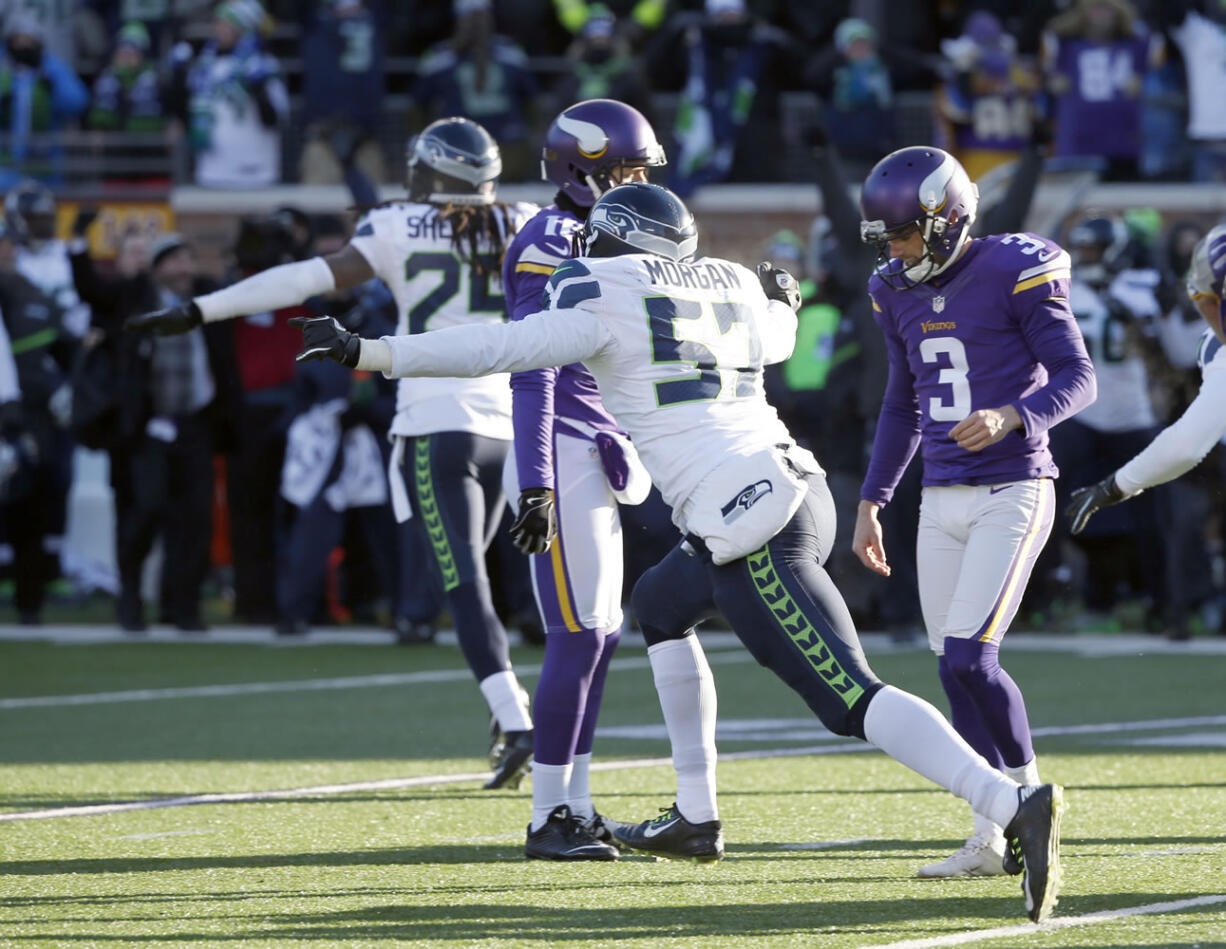 Minnesota Vikings kicker Blair Walsh (3) reacts after missing a field goal during the second half of an NFL wild-card football game against the Seattle Seahawks, Sunday, Jan. 10, 2016, in Minneapolis. The Seahawks won 10-9.