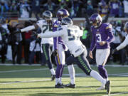 Minnesota Vikings kicker Blair Walsh (3) reacts after missing a field goal during the second half of an NFL wild-card football game against the Seattle Seahawks, Sunday, Jan. 10, 2016, in Minneapolis. The Seahawks won 10-9.