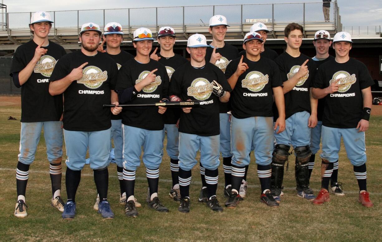 Showtime Baseball College Prep holds the champions' bat after winning the Southwest Wood Bat Classics MLK Showcase Tournament on Jan. 18 in Phoenix, Ariz.