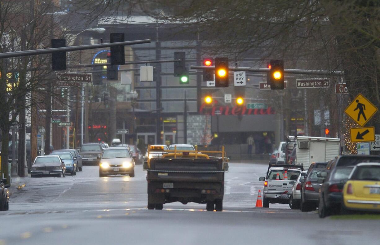 Traffic sits on West Eighth Street looking east in Downtown Vancouver.