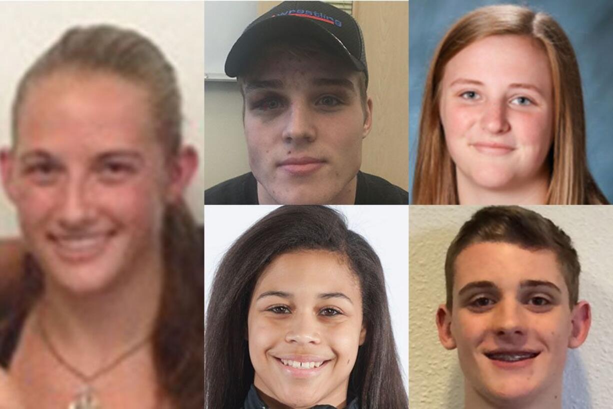 Week 4 winter sports athlete of the week Jax Purwins of Camas gymnastics with other nominees (clockwise from top left) Tommy Strassenberg of Union boys wrestling, Haley Horrocks of Skyview girls wrestling, Jacob Hjort of Columbia River boys basketball and Cherita Daugherty of Prairie girls basketball.