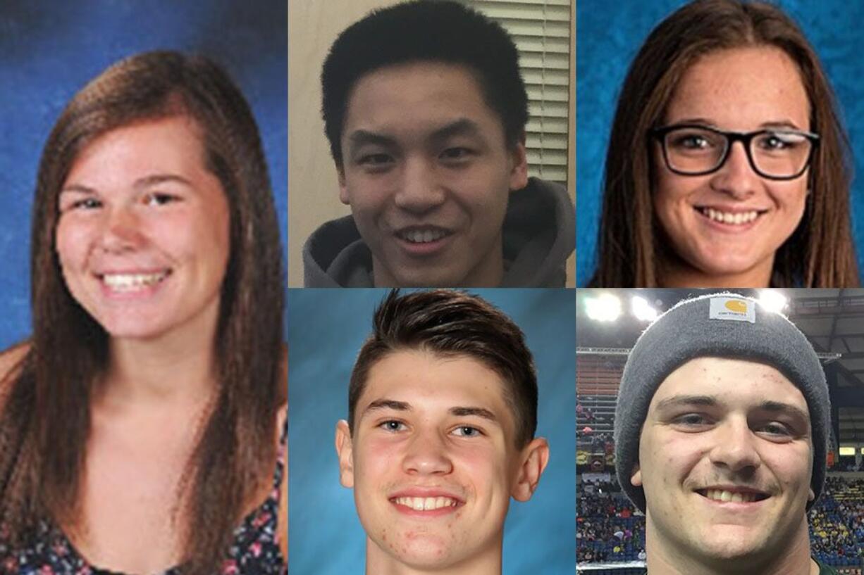 Week 5 winter sports athlete of the week Taylor Mills of La Center basketball with other nominees (clockwise from top left) Andrew Chang of Union swimming, Sierra Joner of Battle Ground wrestling, Dallas Goodpaster of Evergreen wrestling and Ethan Unger of Camas basketball