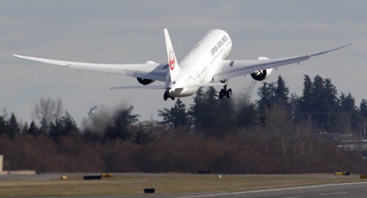 A new Japan Airlines Boeing 787 takes off Monday, March 26, from Paine Field in Everett. The plane was the first 787 delivered to JAL.