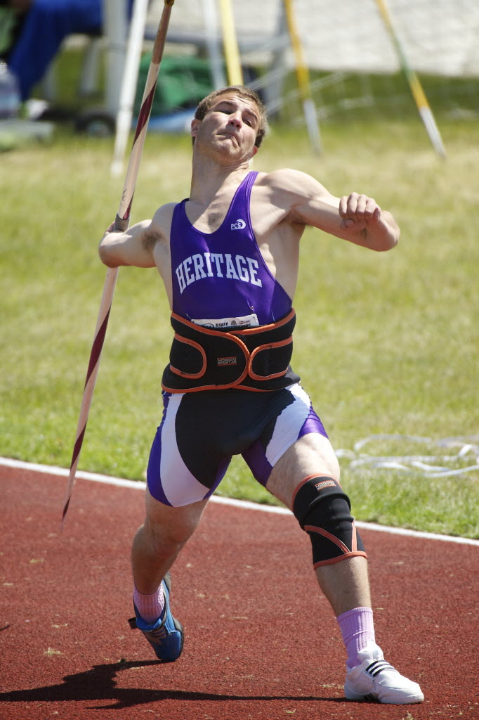 Sean Keller of Heritage High School finished first in the javelin competition Saturday at the Class 4A Washington State Track &amp; Field Meet at Mount Tahoma Stadium in Tacoma.