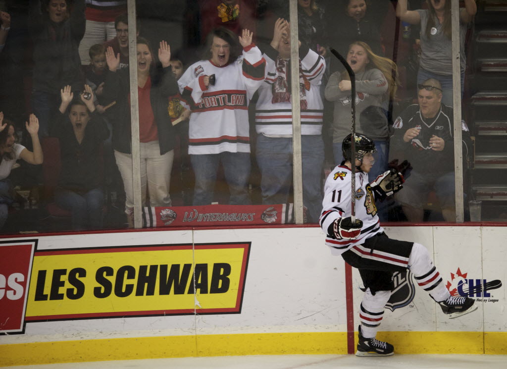 Portland Winterhawks Oliver Gabriel celebrates his second period goal that put the Winterhawks up 3-0 on the Edmonton Oil Kings in game 3 in the WHL Finals at the Rose Garden on Sunday May 6, 2012.