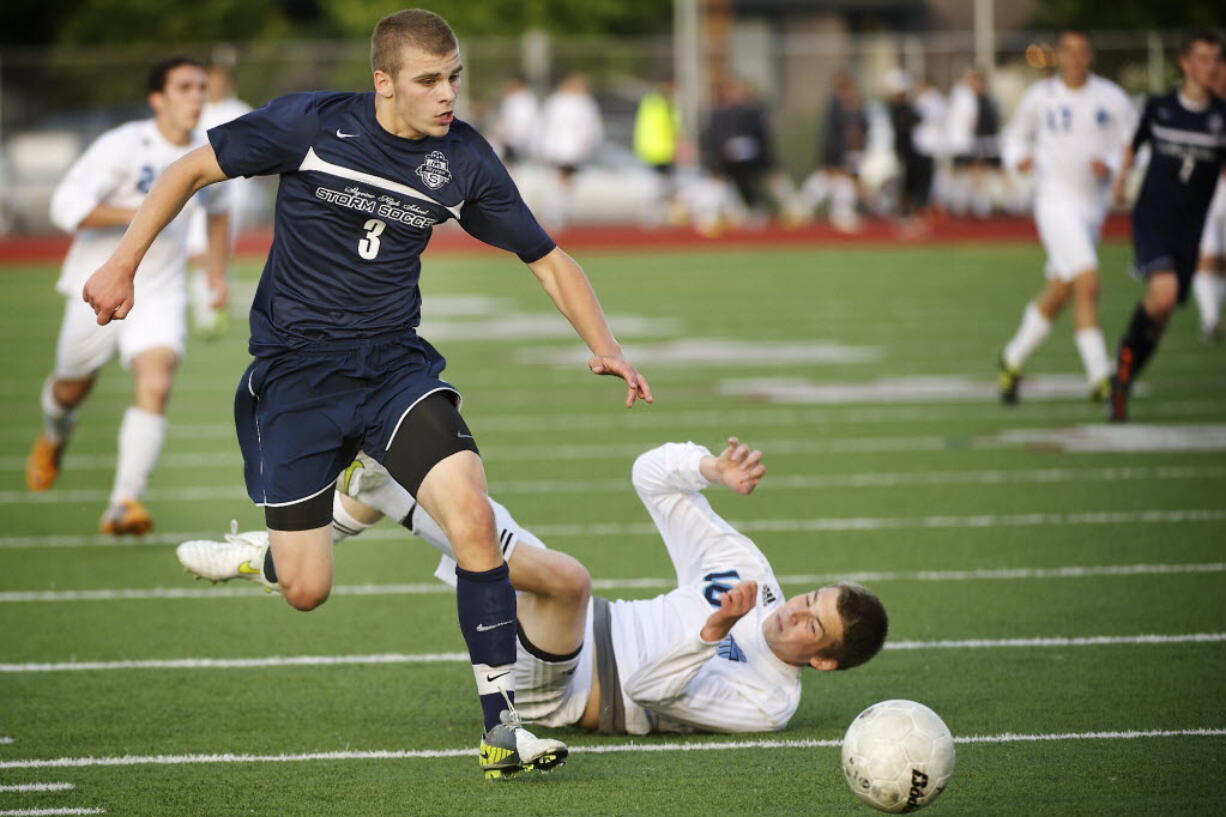 Skyview's Austin Horner, left, sweeps past Cobi Guerrinha of Central Valley as he looks for an opportunity to take a shot on goal Friday at Sparks Stadium in Puyallup.