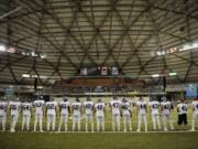 The Skyview High School football team is seen before a state semifinal football game in 2011 at the Tacoma Dome.