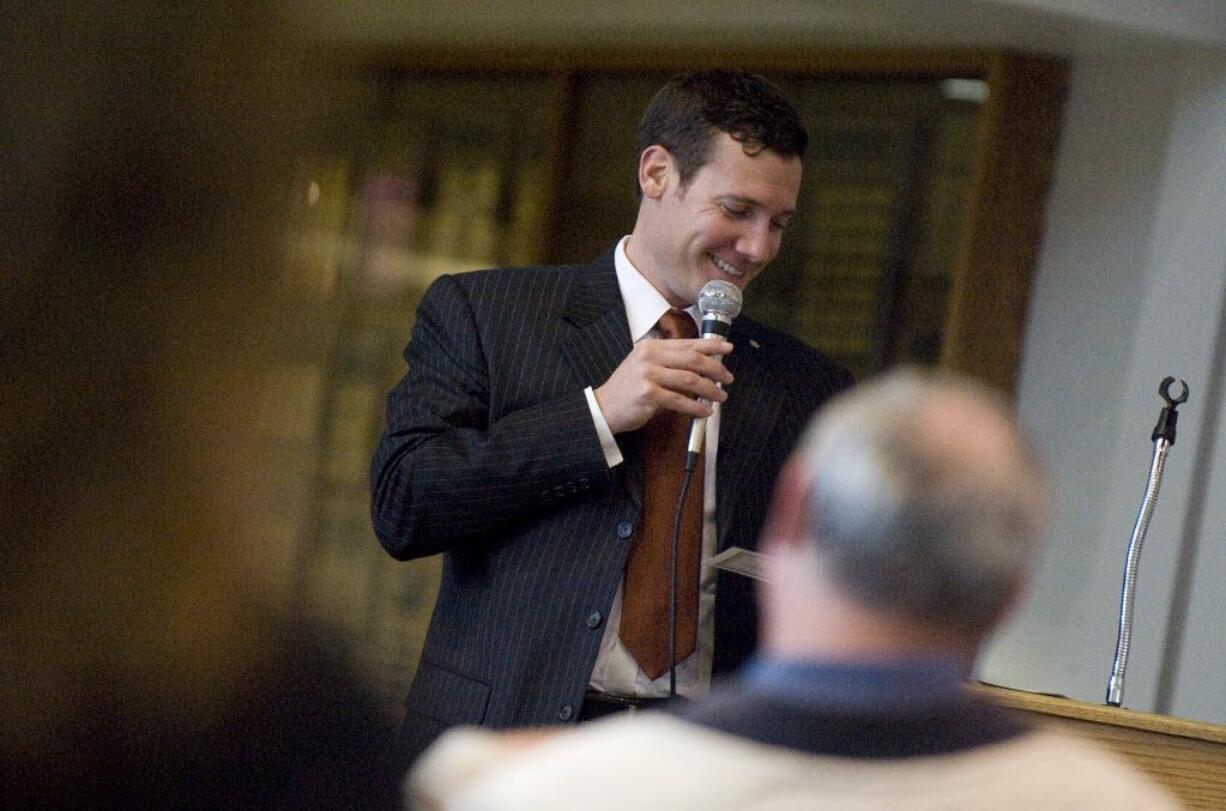 Vancouver Mayor Tim Leavitt answers questions at a town hall meeting at Hudson's Bay High School on April 21, 2010.