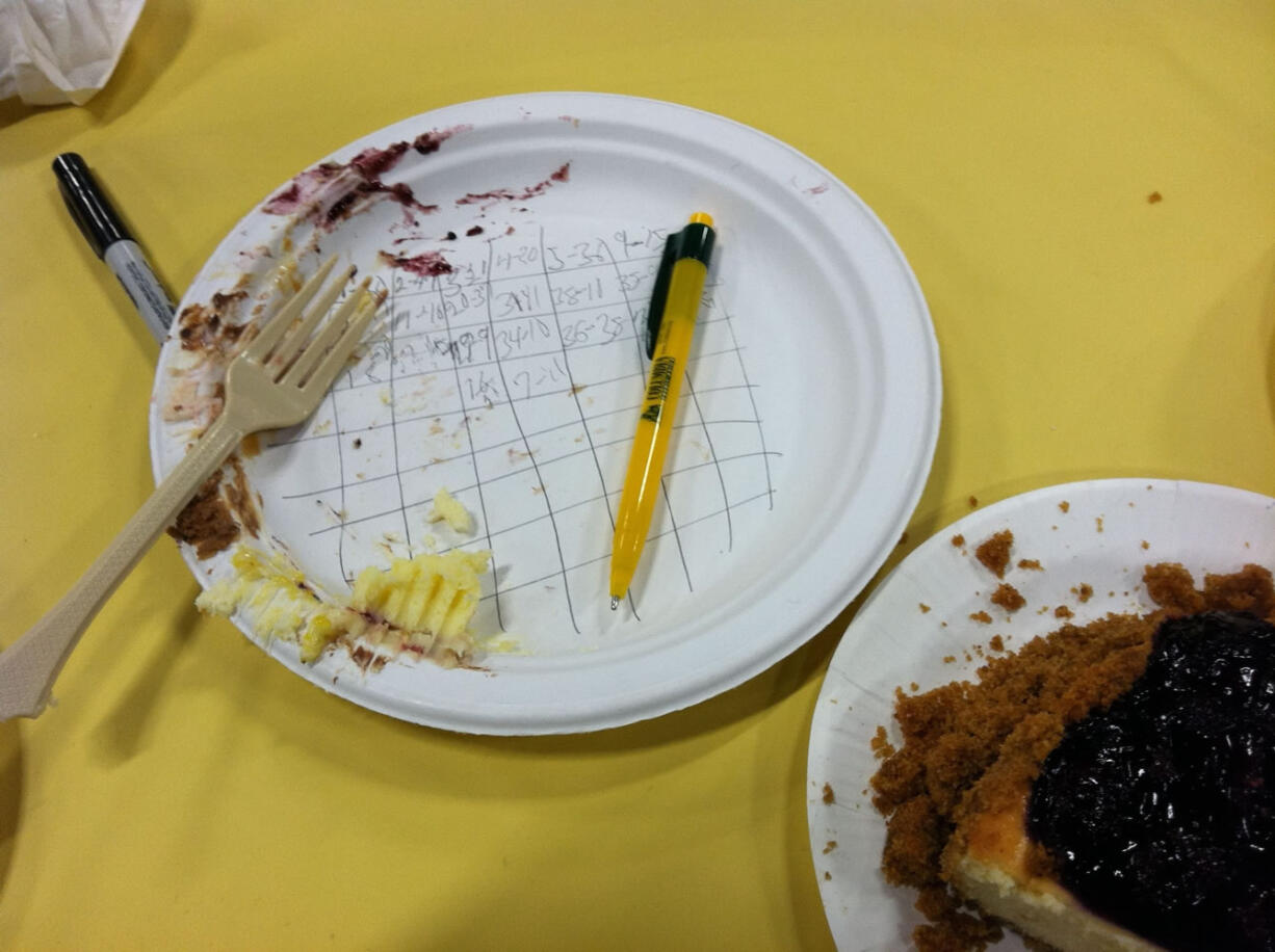 A close-up view of Lou's cheesecake-grading matrix, alongside a particularly tasty entry, judged Friday at the Clark County Fair.