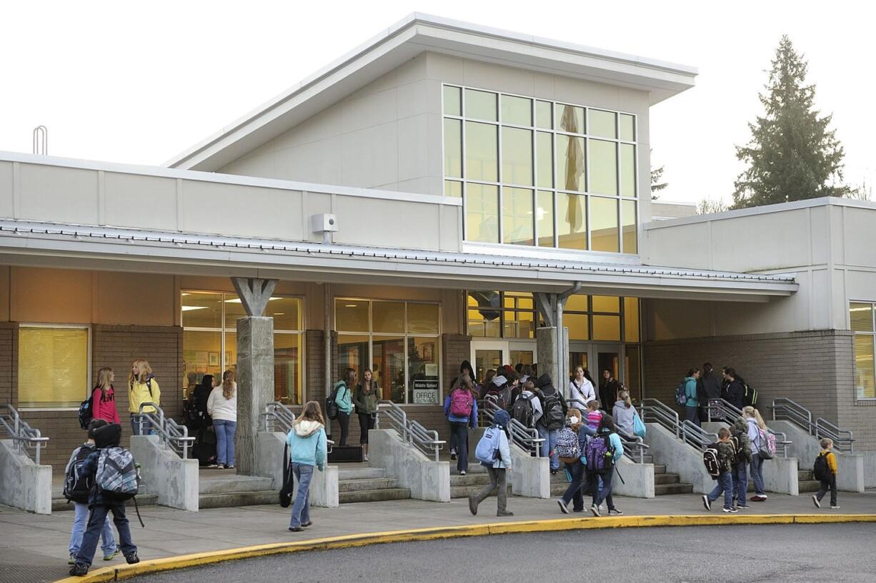 Students make their way to La Center Middle School Wednesday.