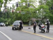 The Vancouver police traffic unit investigate a truck versus pedestrian crash in central Vancouver Tuesday morning.