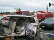 Firefighters extricated the driver from this SUV after a Thursday morning crash at the intersection of Northeast Minnehaha Street and St. James Road, in the West Minnehaha neighborhood.