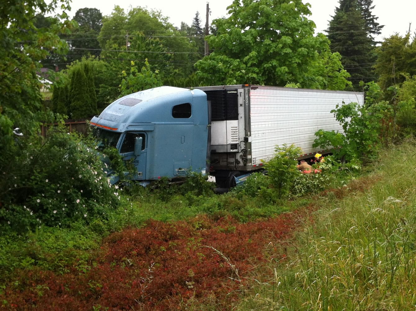 After this truck slid off eastbound Highway 14 near Southeast 164th Avenue, it began leaking fuel.