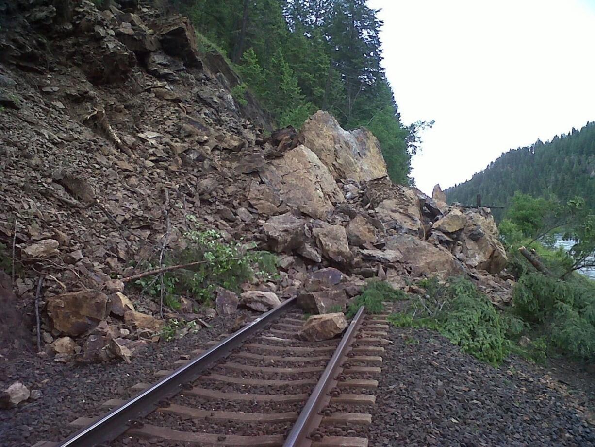 The second of two slides blocks the BNSF Railway's main route along the Kootenai River near the Idaho-Montana border Monday.