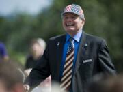 Ridgefield Mayor Ron Onslow competes in the patriotic tie contest during the Annual Flag Day observance on the parade grounds at the Vancouver Barracks on Monday June 14, 2010.