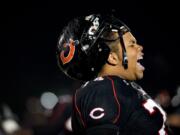 Camas High School's Gary Stokes screams in the direction of the crowd in the closing seconds of their 3A quarterfinal playoff victory against Meadowdale at Doc Harris Stadium on Saturday November 19, 2011.