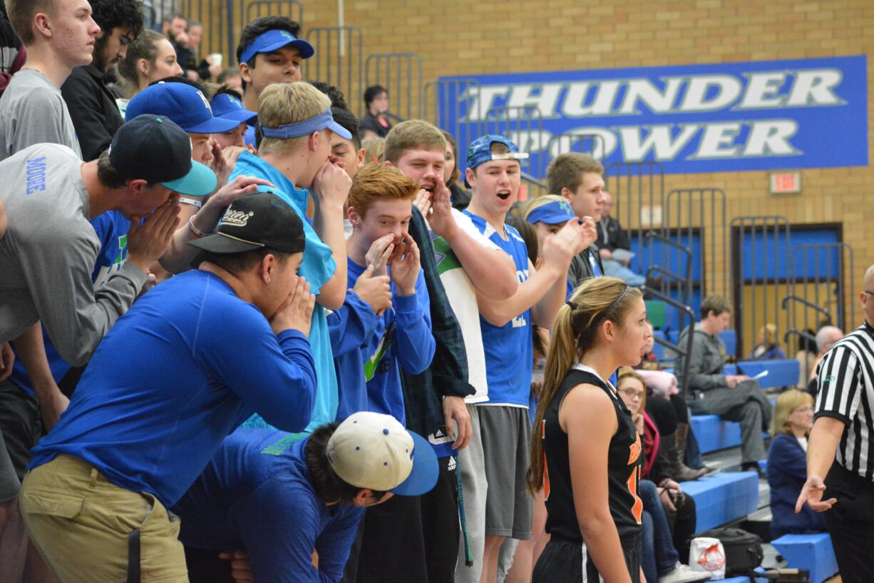 Battle Ground&#039;s Morgan Stradley prepares to inbound the basketball in front of the Mountain View student section during a 4A District 4 Tournament game Tuesday at Mountain View.