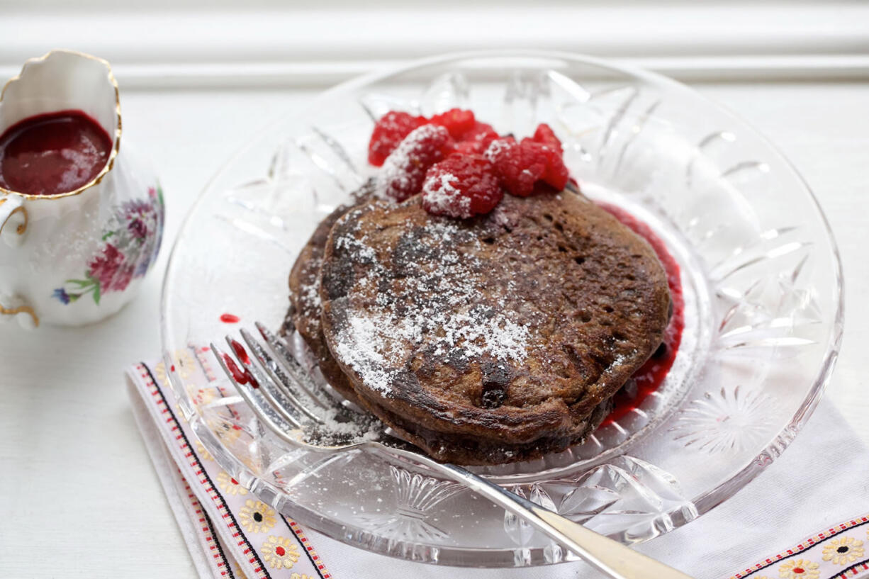 Double Chocolate Pancakes With Raspberry Sauce.