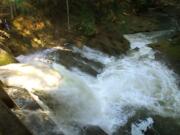 The dam at Round Lake spills water down Lacamas Creek, one of several watersheds chosen for Clark County&#039;s stream monitoring program.