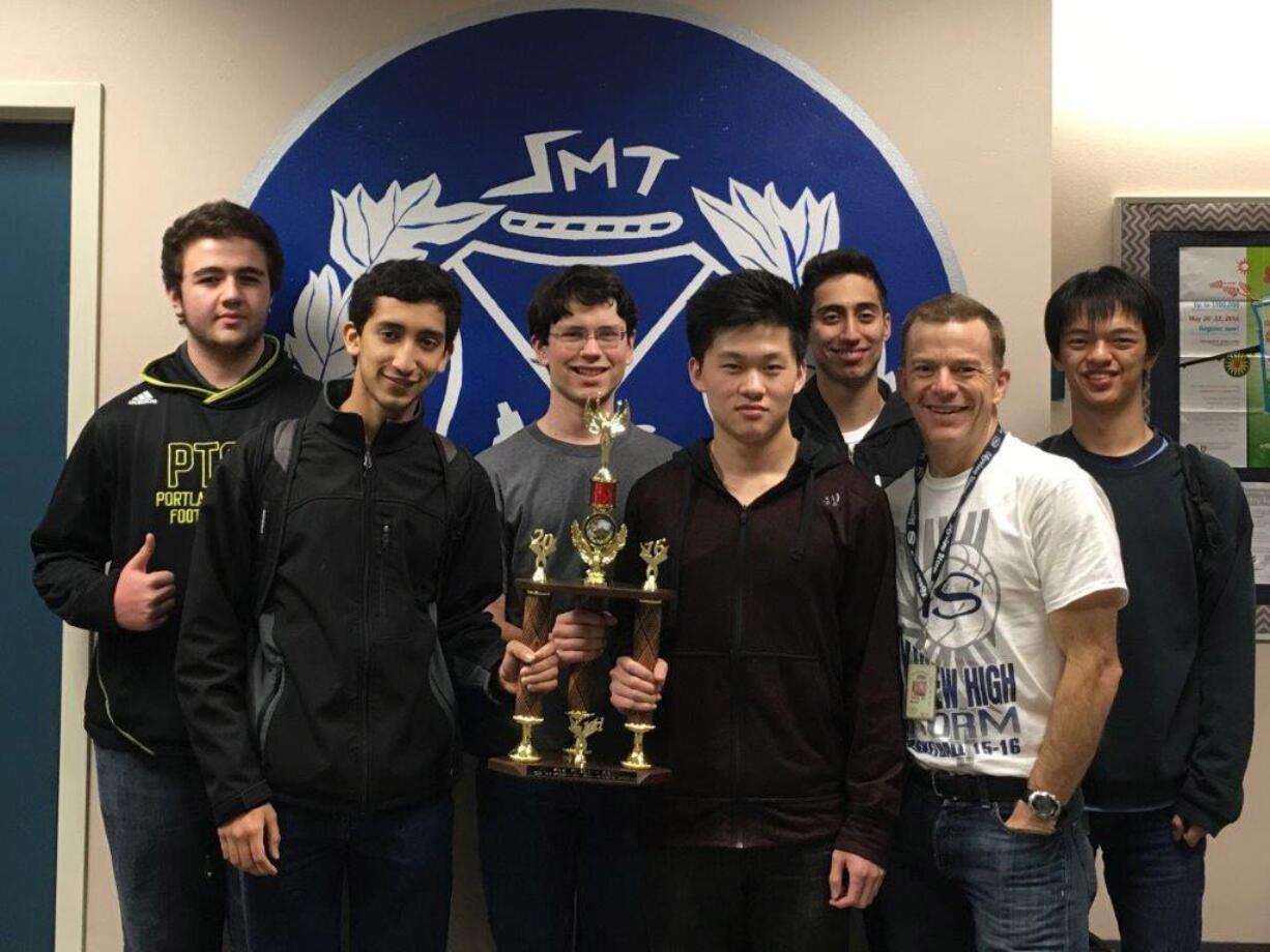 From left to right, Skyview knowledge bowl team members Peter Brown, Utsav Kapoor, Austin Bryant, Richard Lu, David Tommasini, Coach Bob Brands, and Alex Wen.