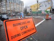 Construction takes place on The Vine&#039;s Turtle Place station in downtown Vancouver on Friday. Turtle Place will be the first to see the &quot;walking sticks&quot; elements central to the design of the system&#039;s stations.