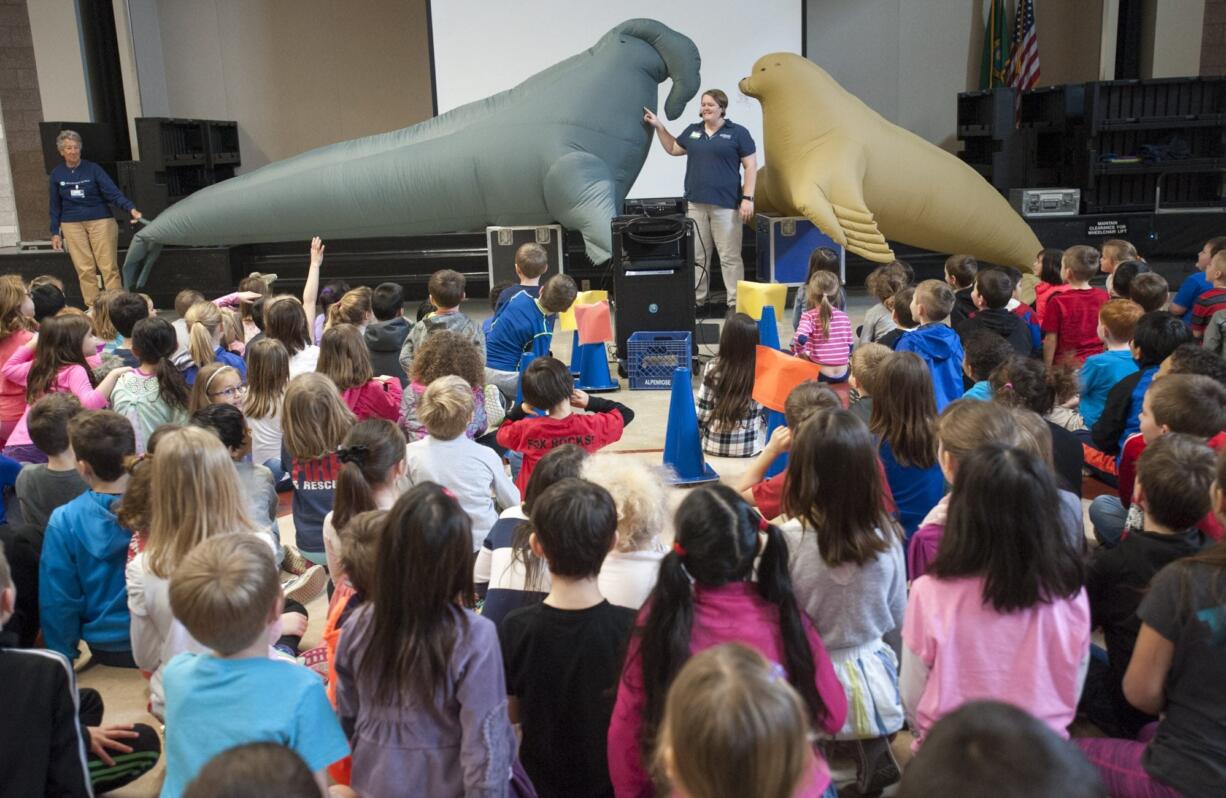 Jenni Remillard, education specialist with the Oregon Coast Aquarium, with life-size inflatable elephant seal Nigel, left, and seal lion Stanley, right, gives a presentation at Dorothy Fox Elementary School on Wednesday.