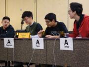 Mountain View High School Team 1 of the Evergreen School District performed the best of the schools in your readership. They persevered through Round 10 in the afternoon Double Elimination Rounds. Pictured are Mark Chen, team captain Ming Liu, Suyash Gupta and Kevin Gao.