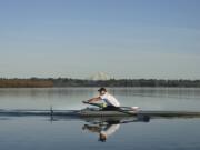 Anthony Davis rows on Vancouver Lake on a perfect day in late January, preparing for the 2016 Paralympics in Rio de Janeiro. Davis, who never rowed before 2009, qualified for the Paralympic/Adaptive National rowing team in 2012.