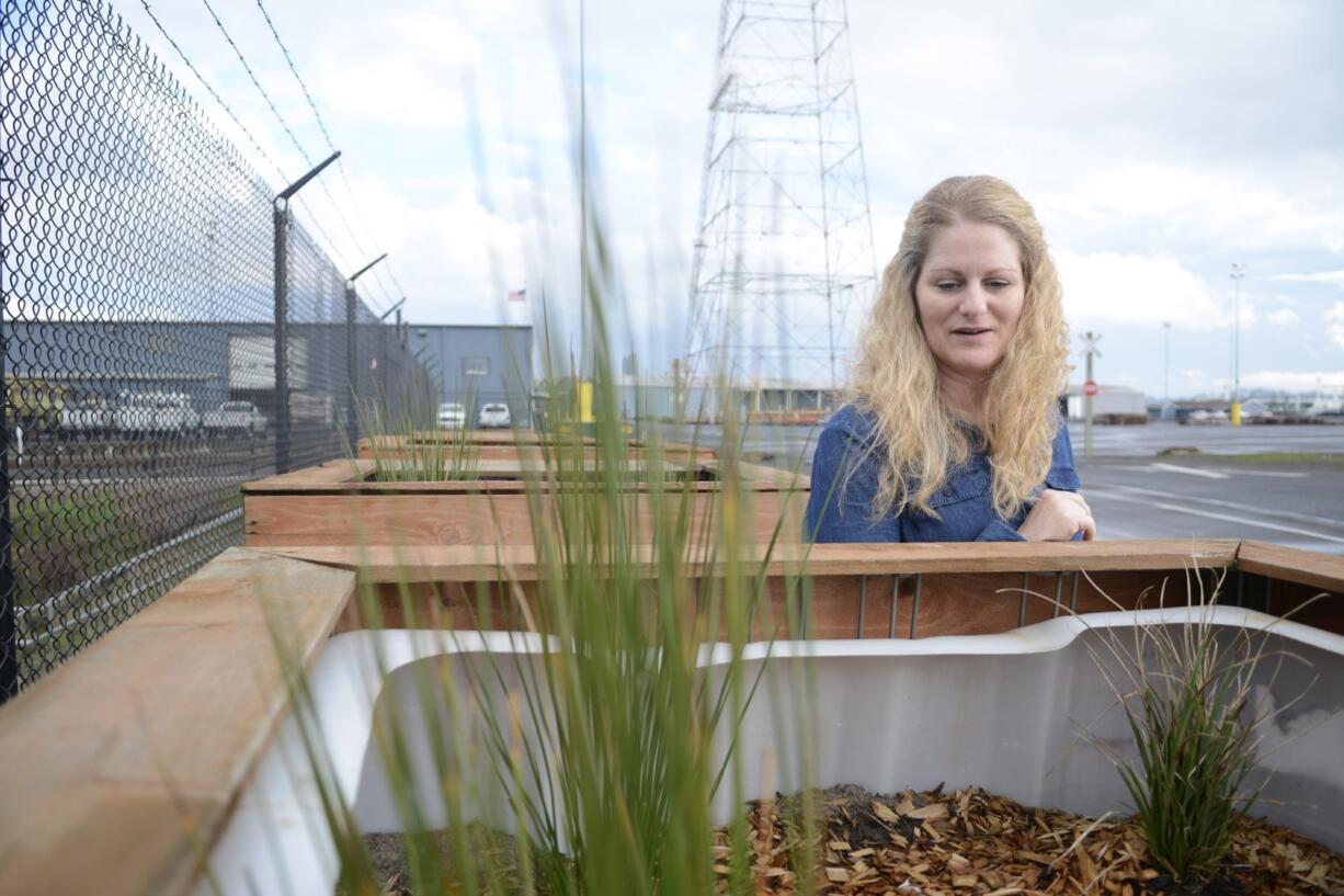 Port of Vancouver Environmental Program Manager Mary Mattix looks into a Grattix, an inexpensive and eco-friendly filtration she co-created to address stormwater issues at the Port.