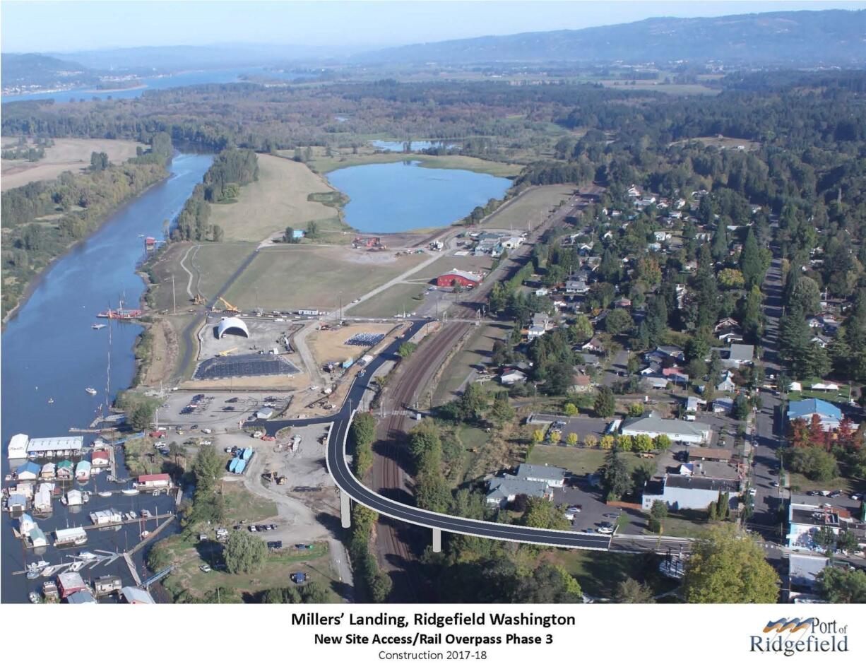 A rendering of the Port of Ridgefield&#039;s Pioneer Street Railroad Overpass, which will connect downtown to the waterfront. The $14 million project received its last bit of funding thanks to a U.S.