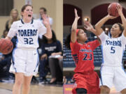 Cori Woodward (32) and Aubrey Ward-El (5) of University of San Diego women's basketball.