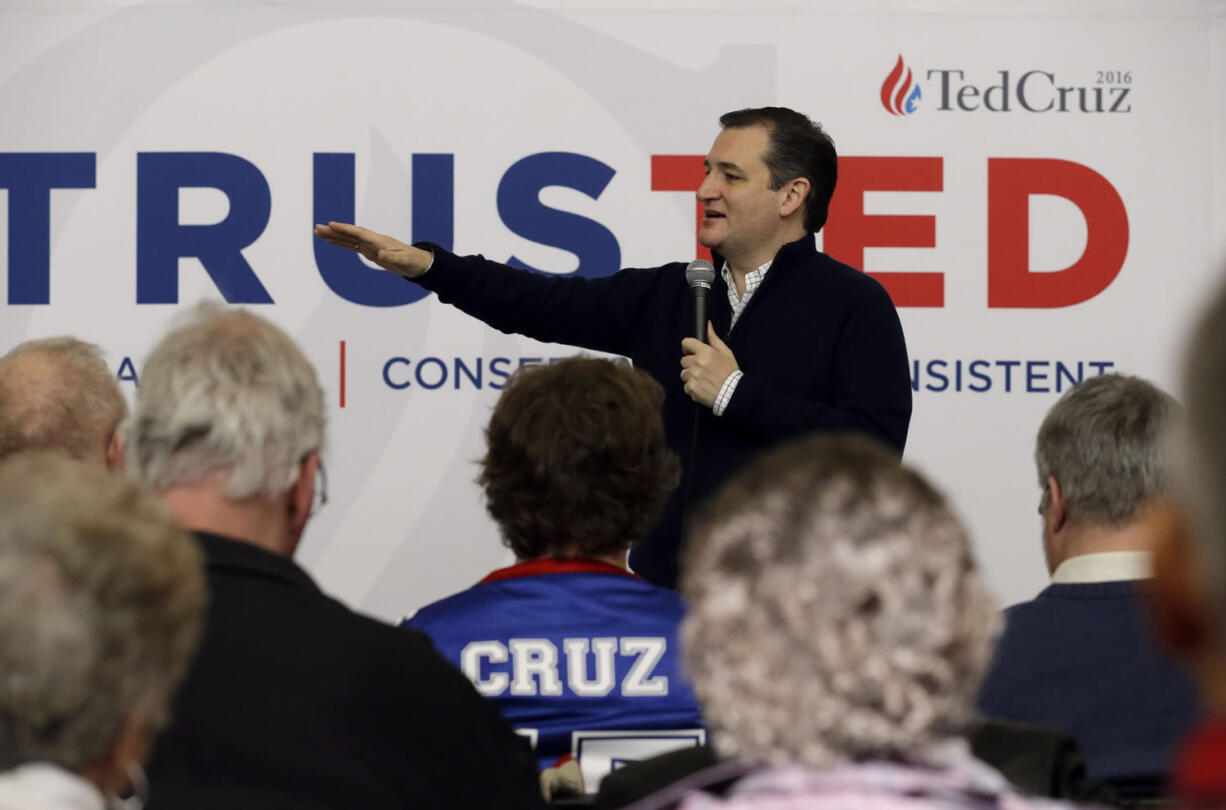 Republican presidential candidate, Sen. Ted Cruz, R-Texas, speaks to supporters at Green County Community Center, Monday, Feb. 1, 2016, in Jefferson, Iowa.