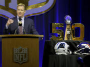 NFL Commissioner Roger Goodell speaks to the media during a news conference Friday, Feb. 5, 2016, in San Francisco.