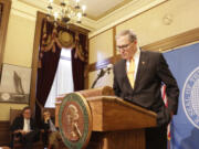 Gov. Jay Inslee speaks with the media Monday about the recent ouster on the Senate floor of his appointment to the state Department of Transportation in Olympia.