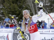 Lindsey Vonn of the US celebrates after placing second at a women's Alpine ski downhill race, in La Thuile, Italy, Saturday, Feb. 20, 2016.