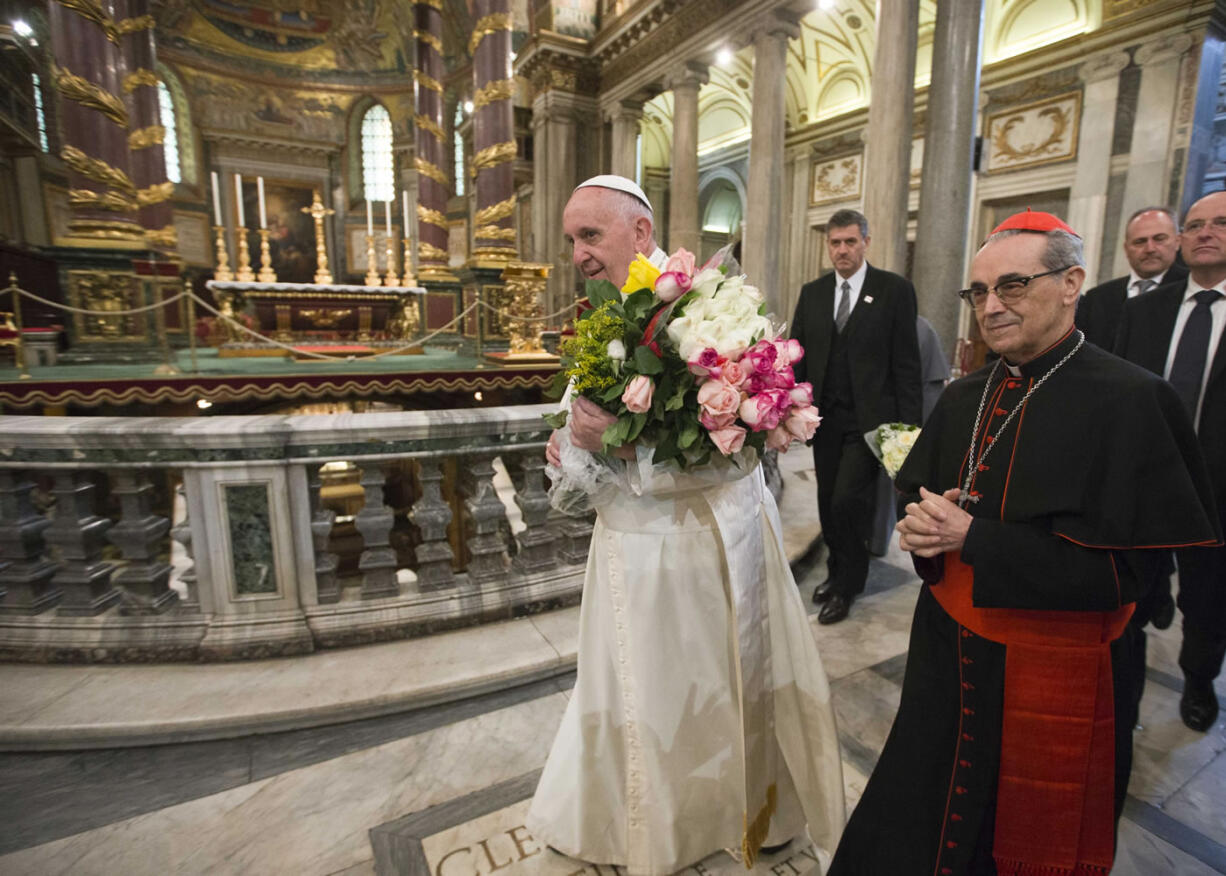 Pope Francis arrives to pay a visit to the St. Mary Major Basilica Rome, Thursday. Pope Francis landed in Rome Thursday after a week-long trip to Mexico.