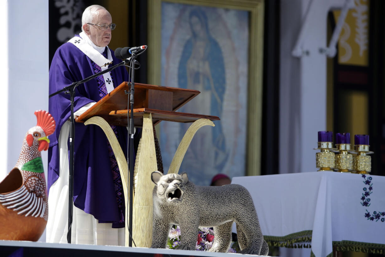 Pope Francis delivers his message during Mass, on a stage decorated with animals in San Cristobal de las Casas, Mexico, on Monday. Francis is celebrating Mexico&#039;s Indians on Monday with a visit to Chiapas state, a center of indigenous culture, where he will preside over a Mass in three native languages thanks to a new Vatican decree approving their use in liturgy. The visit is also aimed at boosting the faith in the least Catholic state in Mexico.