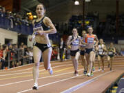 Shannon Rowbury, left, leads the pack on the second to last lap of the women&#039;s Wanamaker Mile at the Millrose Games, Saturday, Feb. 20, 2016, in New York. Rowbury, the defending champion, won the event.