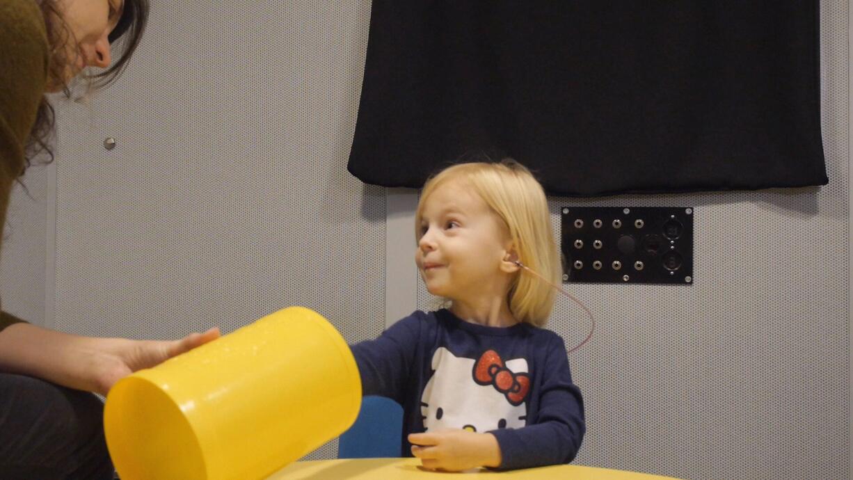 A toddler participates in a speech perception experiment in a laboratory at the University of North Carolina in Chapel Hill, N.C.