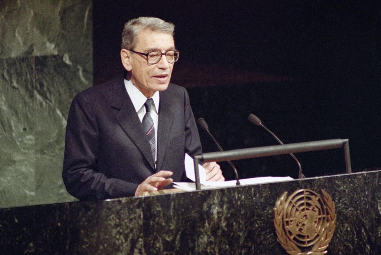 Boutros Boutros-Ghali, then Deputy Foreign Minister of Egypt, addresses the United Nations General Assembly after being sworn in 1991 in as the new U.S. Secretary-General in United Nations. The U.N. Security Council has announced on Tuesday the death of former U.N. Secretary-General Boutros Boutros-Ghali.