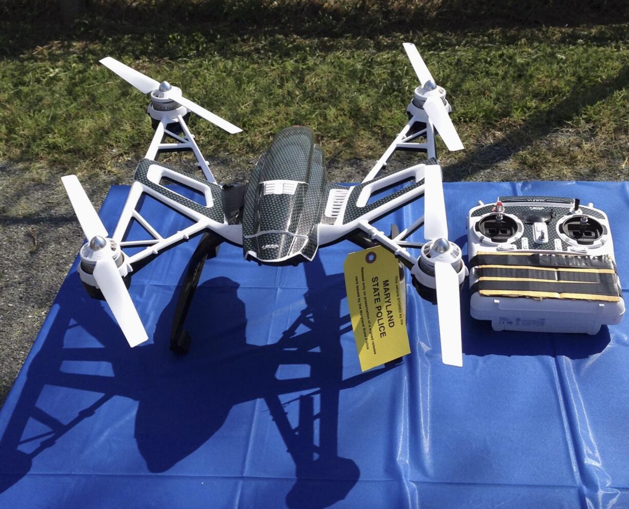 A Yuneec Typhoon drone and controller in Jessup, Md. Maryland State Police and prison officials say two men planned to use the drone to smuggle drugs, tobacco and pornography videos into the maximum-security Western Correctional Institution near Cumberland, Md.