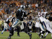 Denver Broncos Von Miller (58) strips the ball from Carolina Panthers Cam Newton (1) during the second half of the NFL Super Bowl 50 football game Sunday, Feb. 7, 2016, in Santa Clara, Calif.