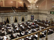 The Senate is seen from the public gallery during debate on a supplemental budget proposal Friday in Olympia. The Republican-led Senate approved its plan on a 25-22 vote.