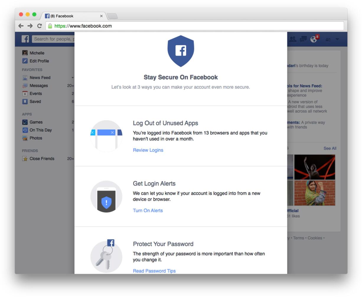 This Facebook page, at Facebook.com/securitycheckup,  guides a user through a Facebook account security checkup on a PC. It is not available on mobile.