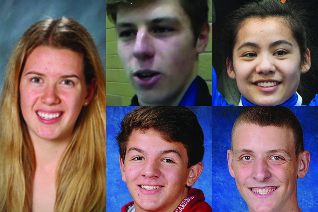 Week 10 athlete of the week RaeAnn Allen of Washougal basketball with nominees (clockwise from top left) Maksim Dolbinin of Heritage swimming, Kylee Tjensvold of Ridgefield gymnastics, Bryce Mulder of Woodland basketball, Jake Rogers of Battle Ground wrestling